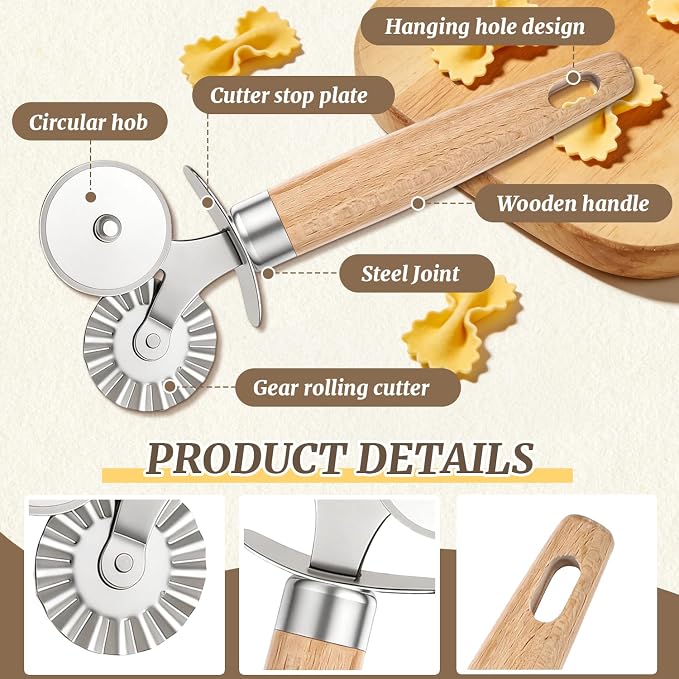 Pastry Cutter Double Wheel,Ravioli Crimper Cutter Wheel,with Exquisite Wooden Handle for Pasta Pizza Ravioli Cookie,Making Tools for Home and Kitchen Use