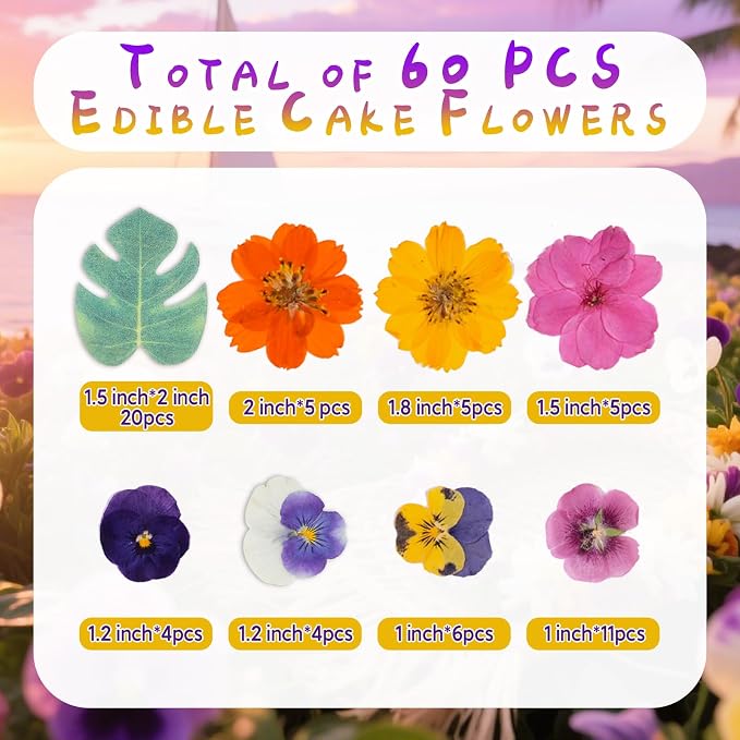 60 PCS Real Edible Flower Tropical Cupcakes Cake Decoration, Hibiscus Flowers Turtle Back Leaves Cartoon Birthday Cake Toppers -Hawaiian Series Theme Wedding, Party, Cocktails