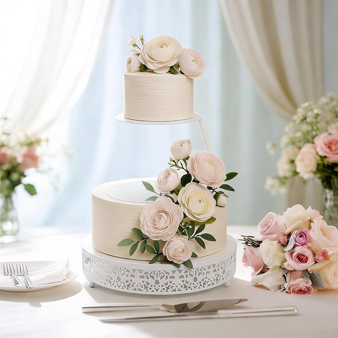 LemonRoad 6''+8'' White Floating Cake Stand 2 Tier Metal Wedding Cake Stand Spacer Separator Round Decorative Dessert Display Riser Pastry Holder for Birthday Anniversary Party Centerpiece (Classic)