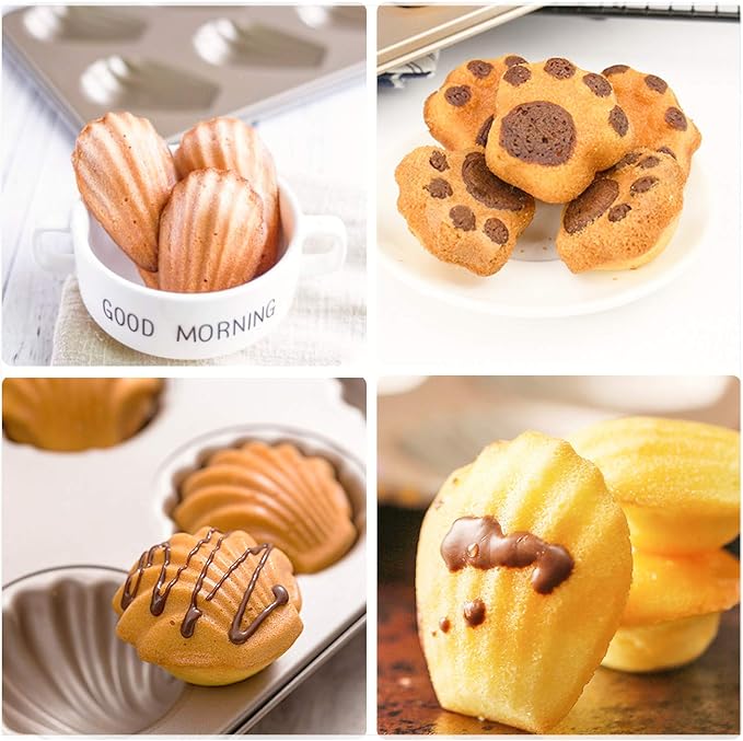 Beasea 3 Pack Madeleine Pans, 10x7 Inch 6 Cavity Nonstick Cat Shaped Cake Cookies Pan Carbon Steel Madeleine Mold Shell Madeline Pan