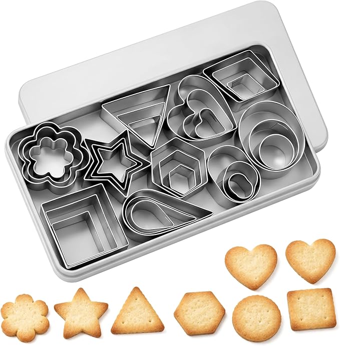 Fireboomoon 30 Pcs Mini Cookie Cutter Set, Stainless Steel Small Geometric Cutters (Star, Heart, Flower, Circle & More), Tiny Biscuit Mold for Kids, Fondant, Fruit, Sandwich & Clay, with Storage Box