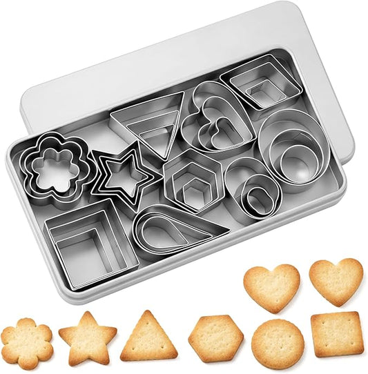 Fireboomoon 30 Pcs Mini Cookie Cutter Set, Stainless Steel Small Geometric Cutters (Star, Heart, Flower, Circle & More), Tiny Biscuit Mold for Kids, Fondant, Fruit, Sandwich & Clay, with Storage Box