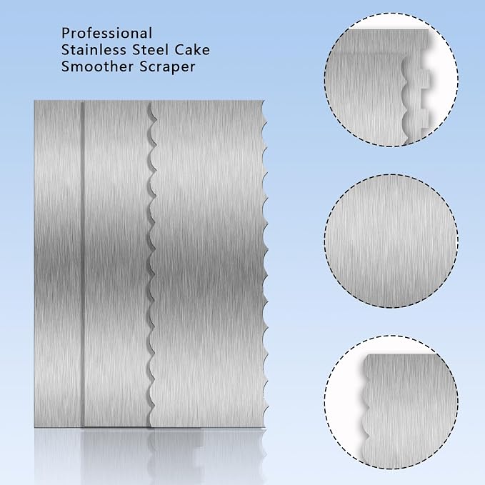 3 Piece 9 Inch Stainless Steel Cake Scraper, Cream Cake Scraper Sided Patterned Edge Stripe Edge Smoother Scraper Cake Smoother Frosting Scraper Cake Decorating Comb for Mousse Butter Cream