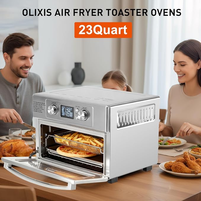 OLIXIS Toaster Oven Countertop, 23QT Air Fryer Toaster Oven Combo, 4-in-1 Bake Toast Broil & Air Fry, Dual Convection, 60-Min Timer with Indicator, 180°F-450°F, Accessories Included, Stainless