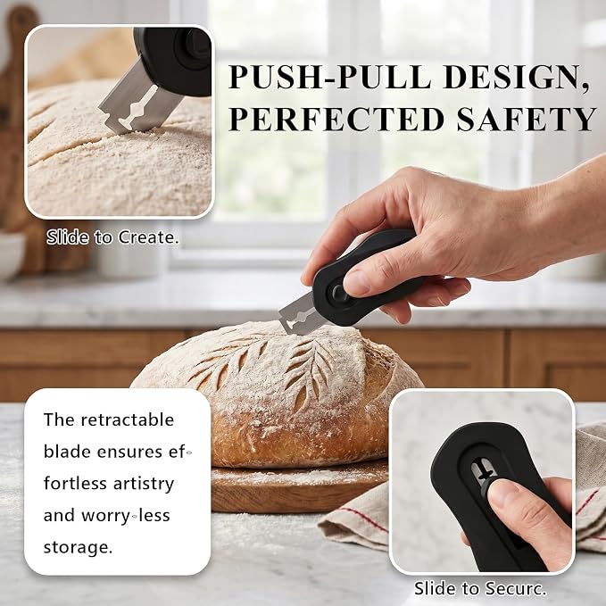 Uliya Professional Magnetic Bread Lame Set Retractable Dough Scoring Tool with 5 Replaceable Blades, Safety Push-Pull Design for Artisan Bread Scoring, Perfect for Home Bakers (Black)