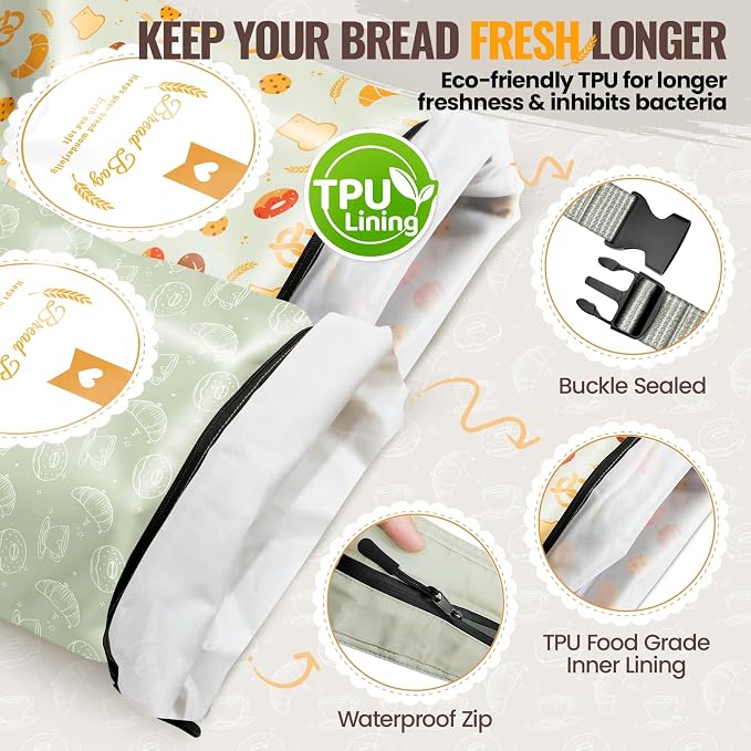 Zunmial 2 Pack Bread Bags for Homemade Bread, 17"×13" Reusable Bread Bag for Fresh Keeping with Lining & Zipper, Freezer Safe & BPA Free, Gift Giving (Green & Yellow)