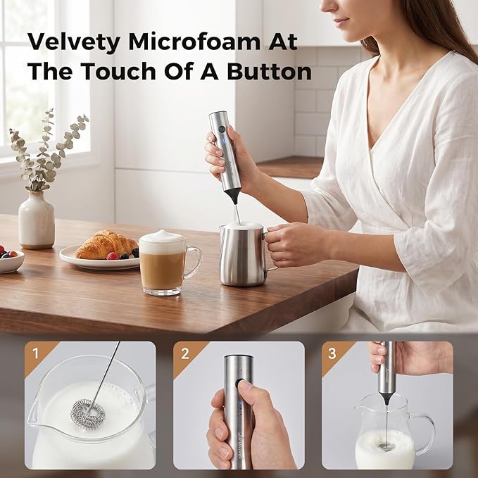 Rechargeable Milk Frother Handheld, Electric Foam Maker with Dual Spring Whisk, 3 Speeds for Coffee, Latte, Matcha, Hot Chocolate, Portable Charging USB-C Stainless Steel Hand Drink Mixer