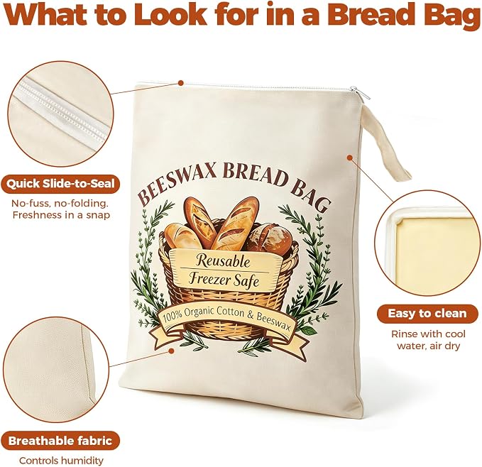 Beeswax Bread Bags with Zipper Seal – Extra Large 13"x17", Reusable, Breathable Cotton Linen Sourdough Bags, 2 Packs XL Bread Bags, with 1pcs Bowl Cover, 6pcs Paper String Tags