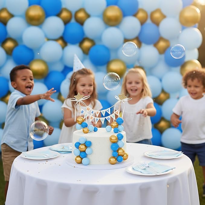 16 Pcs Happy Birthday Cake Topper Cake Bunting Topper Banner with Wood Pole Rainbow Garland with Bow Ribbon Balloon, Mini Cupcake Decor for Birthday Baby Shower (Gold,Light Blue,Dark Blue)