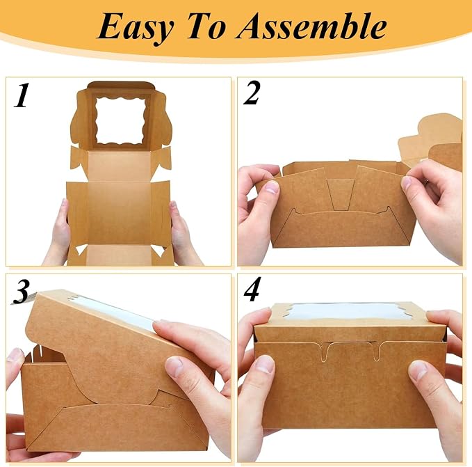YAYODS 100 Pack Cookie Boxes 6x6x3 Bakery Boxes with Window, Small Kraft Treat Box with Stickers for Desserts, Pastry, Small Donut, Individual Cupcakes, Baked Goods