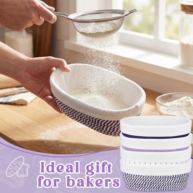 4 Pcs 10 Inch Cotton Rope Banneton Bread Proofing Basket Set Oval Banneton Basket Sourdough Bread with Liners Covers for Baking Supplies (Purple Tones)