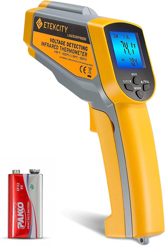 Etekcity Infrared Thermometer 1025D (Not for Human) Dual Laser Temperature Gun-58℉~1022℉ (-50℃~550℃) with Adjustable Emissivity, Non-Contact Voltage Tester (NCV), Standard Size, Yellow & Gray