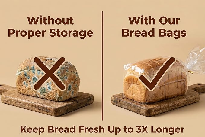 Wowfit Bread Plastic Bags, Pack of 50 Reusable Clear Bakery Storage Packaging for Homemade Loaf, Includes 50 Gold Twist Ties