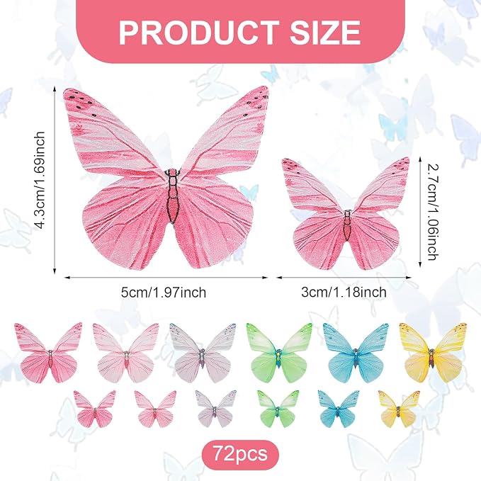 Tyqour 72Pcs Edible Butterfly Cake Decorations Colorful Vivid Butterfly Cake Topper Wafer Paper Butterflies Cupcake Toppers for Wedding Anniversary Baby Shower Birthday Party Decorating(Mix Color)