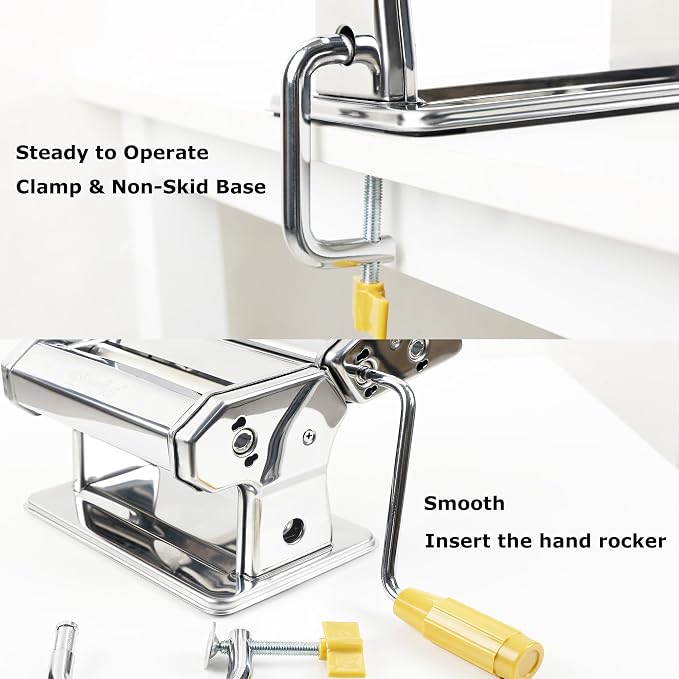 Pasta Maker Machine With 7 Adjustable Thickness Settings, Stainless Steel Manual Noodle Maker,Pasta Roller& Cutters With Removable Handle and Clamp For Kitchen (G-1380+Brush + Sponge)