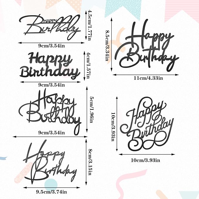 6 PCS Happy Birthday Side Cake Toppers Black Mirror Side Cake Toppers DIY Acrylic Glitter Cake Inserts Celebration Birthday Party Event Cupcake Decorations(Black)（Need to remove the protective film）