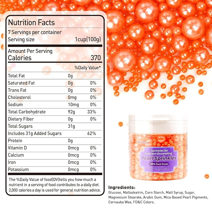 Edible Orange Pearl Sprinkles, Sugar Candy, 130g/4.58oz, Edible Orange Pearls Sprinkles for Cupcake Decorating, Cupcake Toppers, Cake Decorations, Party Holiday Supplies