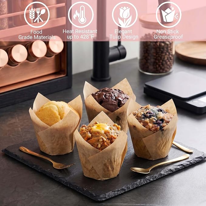 200 Pcs Natural Tulip Cupcake Liners for Baking, Standard Size | Standard Greaseproof Tulip Muffin Liners for Baking, 3oz Natural Paper Cupcake Wrappers for Party Wedding Birthday