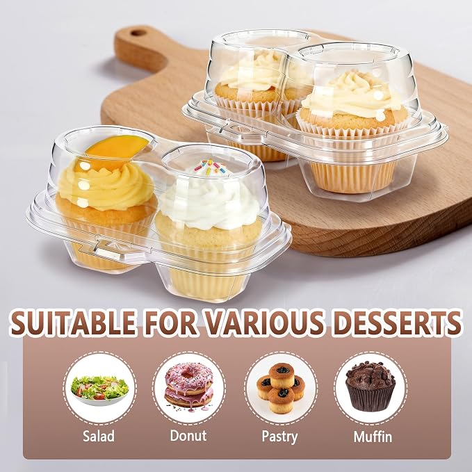50 Pack Plastic Cupcake Containers with Lids, Disposable 2 Count Clear Cupcake Boxes Holders Carrier, Cake Storage Packaging to Go Muffin Containers for Dessert Donuts Wedding Birthday Party