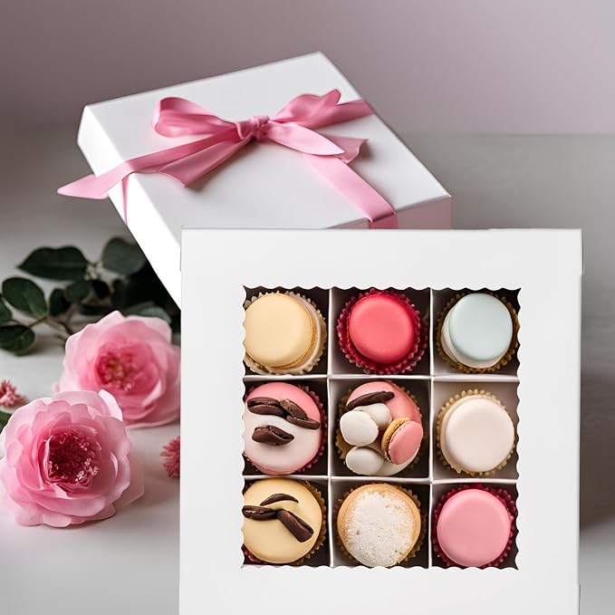 Mefleet 20Pcs 14x14x2.5 Bakery Boxes with Window Pie Boxes for Pastry Baking Cake, Cupcakes, Donuts, Cookies, Muffins Treat Packaging White Large Square