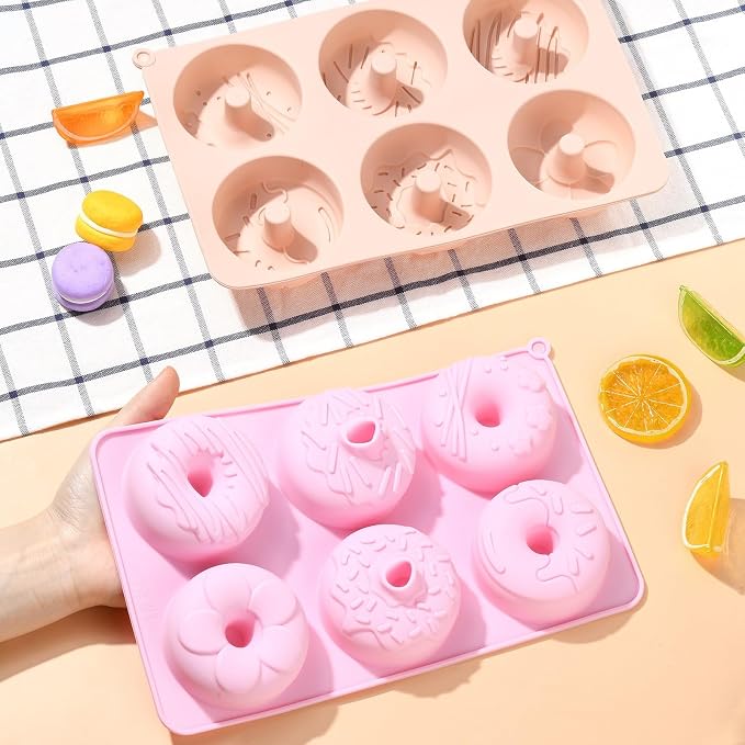 Ipotkitt Donut Shape Baking Silicone Molds Dessert Food Baking Tool Molds for Chocolate Jelly Cake Ice Candy Crafts, 2pcs, 2 Colors, 27x16x3cm, 6 Cavities