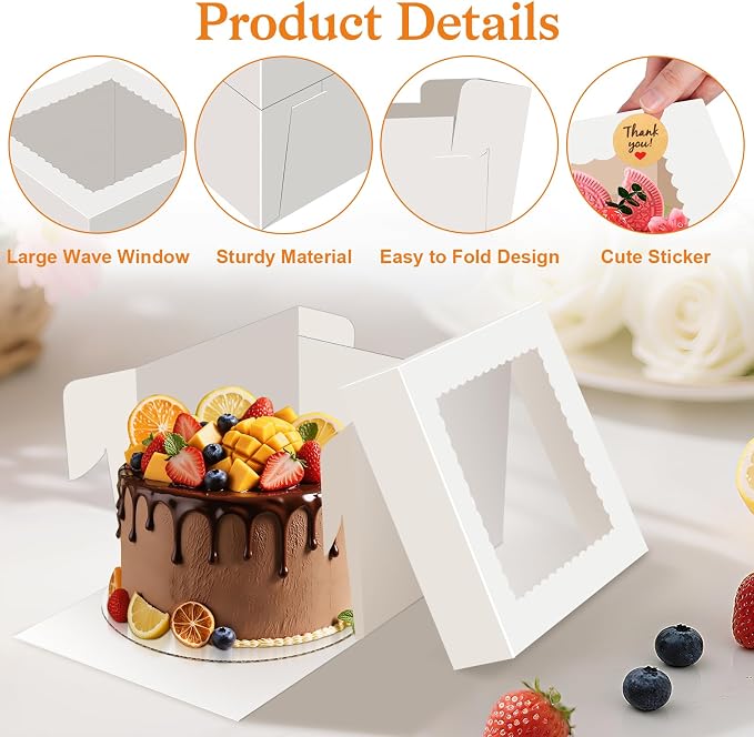 Sudaya 10x10x5 Cake Boxes with Window, Cake Boxes 10 inch Tall with Cakes Box Ribbon Stickers, 10in Disposable Carry Bakery Containers Cajas Para Pasteles for Pies Party Wedding Gift Giving