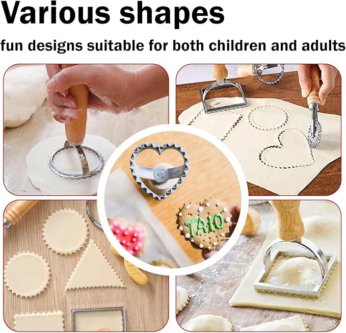 Christmas Cookie Cutter Roller Set of 5 – Biscuit Molds with Oak Wooden Handles, Includes Round/Heart/Square Rolling Pastry Cutter for Baking Holiday Cookies & Biscuits