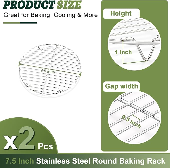 P&P CHEF 7½ Inch Cooking Rack Round, Stainless Steel Round Rack for Cooking Cooling Steaming Baking, Fit Air Fryer Pot Pressure Cooker, 2 Pack -Oven Safe, Silver