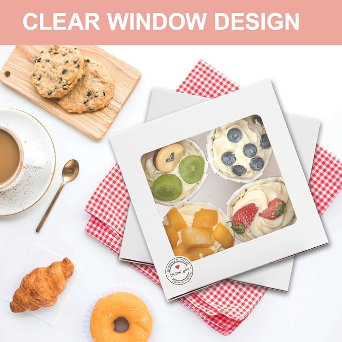 OAMCEG 50 PCS Cupcake Boxes with Window, 6x6x3 Inch Cookie Boxes, Bakery Treat Boxes for Pastry, Dessert, Chocolate Strawberries, Cupcake Containers, Gift Giving with Stickers & Twine（White）