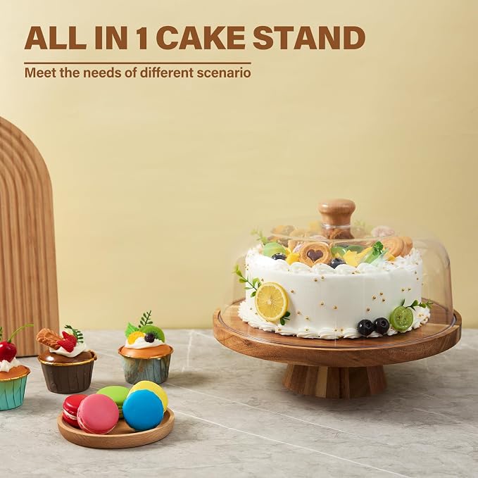 Acacia Wood Cake Stand with Lid, 6-in-1 Multifunctional Cake Plate, Cake Holder, Serving Tray, Fruit Platter, Salad Bowl, Dessert Table Display & Acrylic Cake Dome Cover