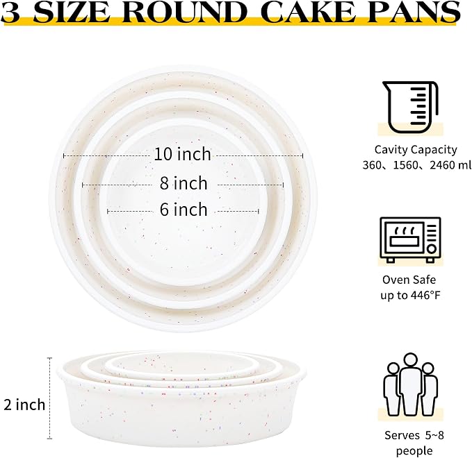 6 8 10 inch Silicone Round Cake Pans with Metal Reinforced Frame, Nonstick Layer Cake Molds for Baking, BPA Free Set of 3 (Cream)