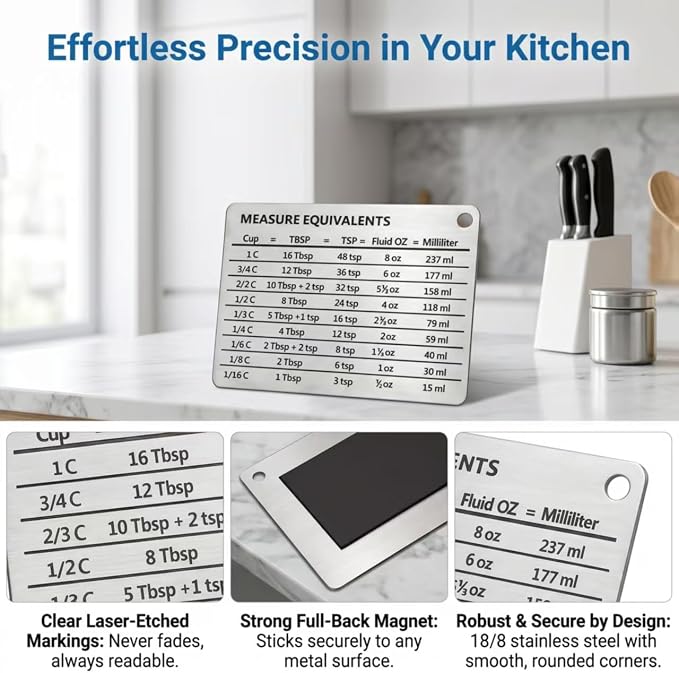 Measurement Conversion Chart with Strong Magnet Backing, KSENDALO Stainless Measurement Conversions For Cups, Tablespoons, Teaspoons, Fluid Oz and Milliliters,Silver