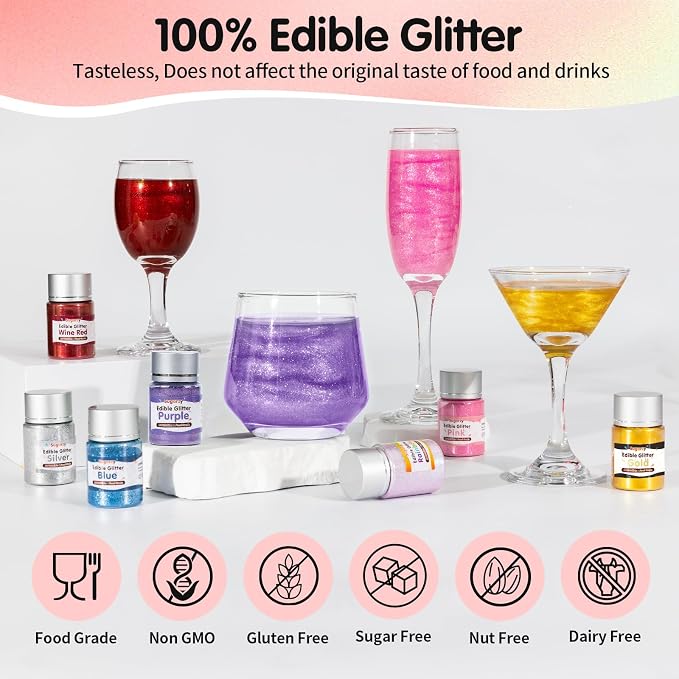 4 Colors Edible Glitter Set (8g/Bottle),Gold Red Purple and Pink Powder,Food Grade Shimmer Dust for Drinks & Baking,Vegan & Gluten-Free,Perfect for Birthday,Patriotic Holidays Party,Cocktails,Wine,Cakes,Cupcakes,Strawberries Decorating