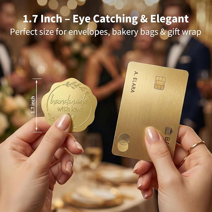 Handmade with Love Gold Foil Stickers, Pack of 100 Embossed Matte Gold Seals for Bakery Packaging, Treat Bags, Pastry Boxes, Small Business Thank You Labels for Gift Wrapping, 1.7 Inch (Gold)