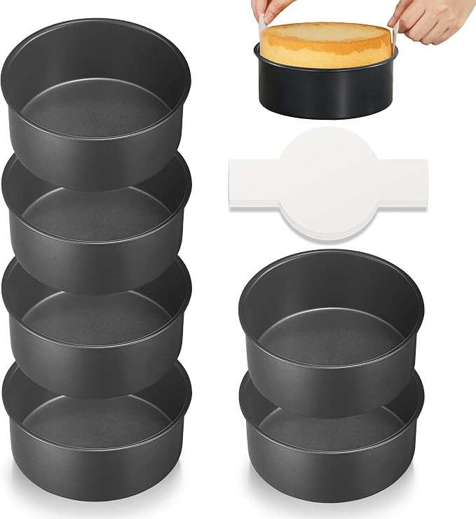 HONGBAKE 6 Inch Cake Pans for Baking, Round Small Layer Cake Pan Set with 120 Pieces Parchment Paper, Nonstick Circle Cheesecake Tin, 4 Pieces, Heavy Duty - Grey