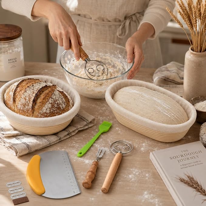 Banneton Bread Proofing Basket Set - 2 Pack 9 Inch Round & Oval Natural Rattan Sourdough Proofing Baskets with Cloth Liners for Artisan Bread Baking Supplies