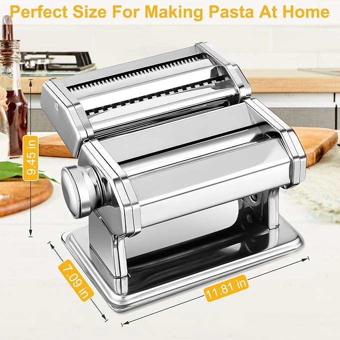 Sailnovo 3 in 1 Pasta Maker Machine - 9 Adjustable Thickness Settings Aluminum Alloy Pasta Roller & 2 Width Cutters for Fresh Spaghetti, Fettuccini, Lasagna, Dumplings - Stainless Steel, Silver