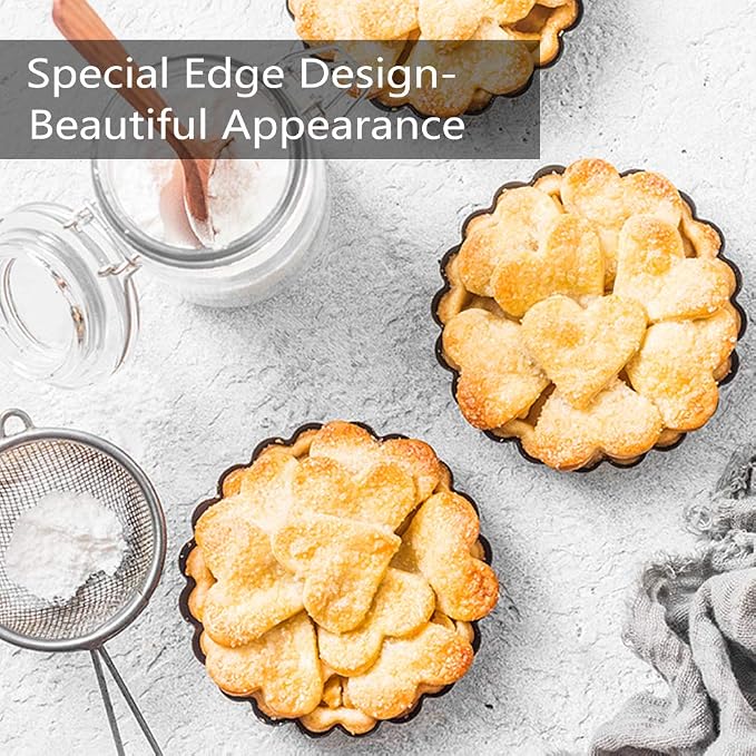 6 Pack Mini Tart Pans Non-Stick 4 Inch Quiche Pan with Removable Bottom Round, Heavy Duty Fluted Side Tart Pan for Pies, Mousse Cakes, Quiche Bakeware and Desserts