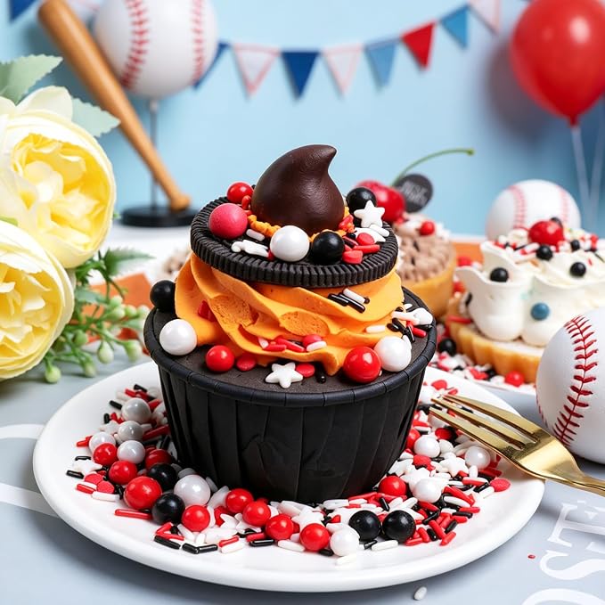 Red White and Black Sprinkles for Cake Decorating, Edible Baseball Sprinkles Mix, Perfect for Cake Decorations, Baking, Ice Cream, Cookies, Cupcake Toppers