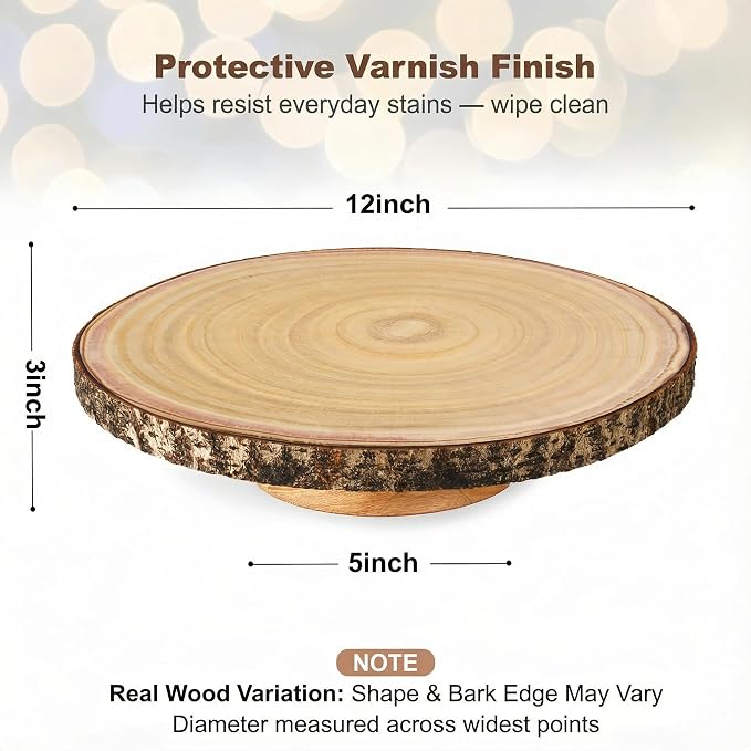 Relaxing Garden 12 Inch Bark Edge Wood Cake Stand Set with Toppers | Sealed 12 in bark-edge wood stand with knife, server and 3 write-on toppers for wedding, birthday and shower cakes
