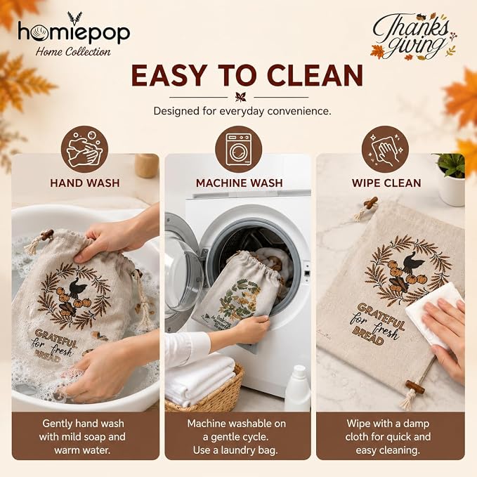Bread Bags for Homemade Bread, 3 Pack Linen Bread Bags with TPU Lining, Reusable Sourdough Bread Storage Bags, Drawstring Closure, 17 x 13 Inch, Thanksgiving Fall Design, Gift Ready Box