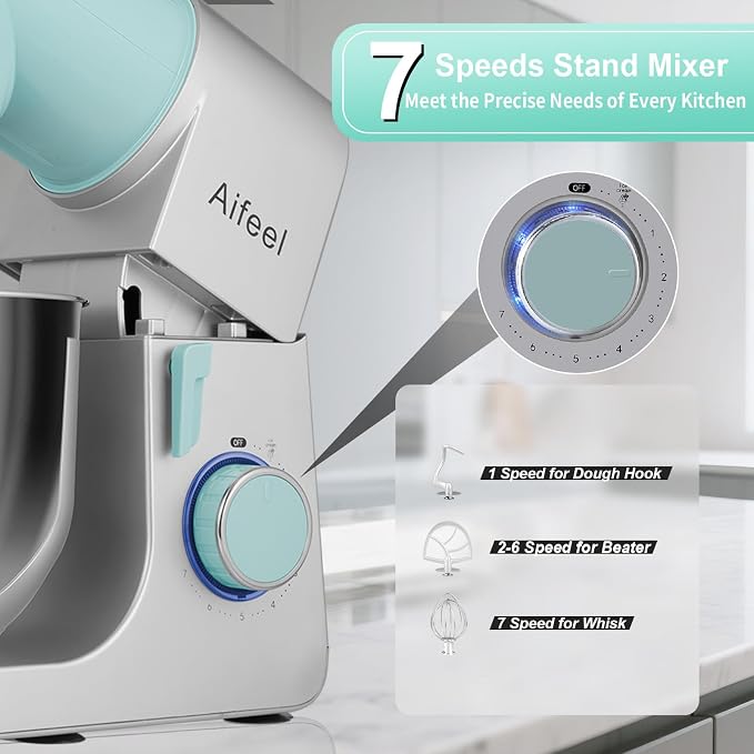 Stand Mixer,6.5QT Tilt-Head Electric Stand Mixer,700W DC Motor with Low Noise,Kitchen Mixer with Dough Hook,Beater,Whisk,Dishwasher-Safe Attachments for Baking(Green/Silver)
