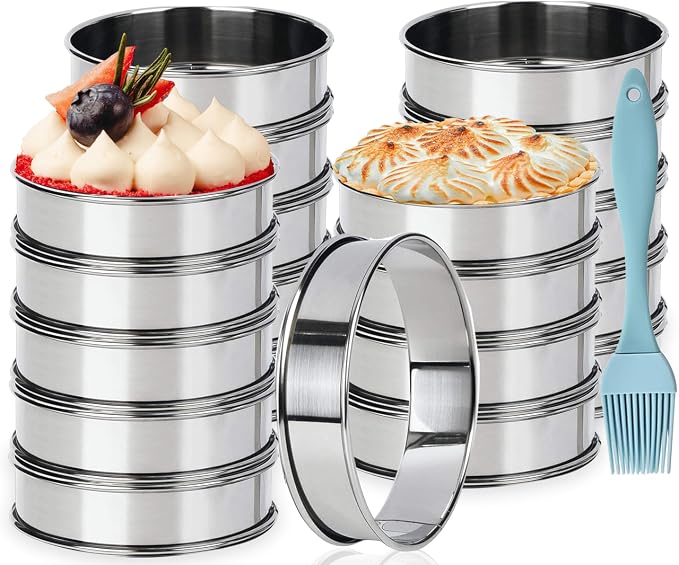 20 Pack English Muffin Rings 3 Inch Stainless Steel Crumpet Rings with Oil Brush, Metal Pastry Ring Mold Double Rolled Tart Rings for Baking Kitchen Food Making