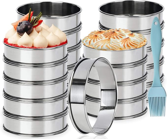 20 Pack English Muffin Rings 3 Inch Stainless Steel Crumpet Rings with Oil Brush, Metal Pastry Ring Mold Double Rolled Tart Rings for Baking Kitchen Food Making