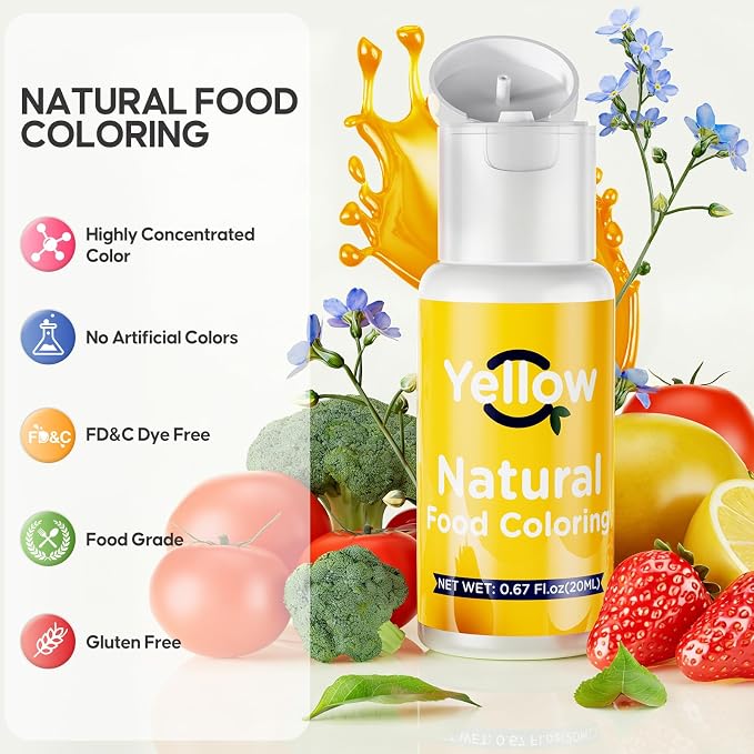 Natural Food Coloring- 20 Milliliters Dye Free Natural Food Coloring, FD&C & Artificial Dye Free Formula for Baking, Icing and Cooking, Cakes, Cupcakes, Frosting，Easter Eggs & Holiday Treats (YELLOW)