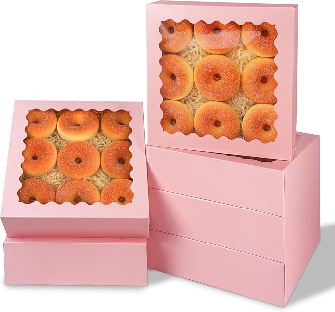 qiqee 9x9x2.5 Inch Pink Pie Boxes with Window 12Packs Cookie Donut Bakery Box (Auto-pop Up)