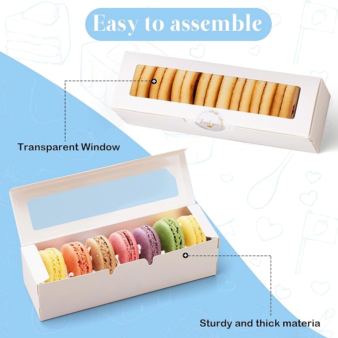 50 Pack Macaron Boxes with Window - 7.3x2x2 in Macaron Packaging Containers Holds 6-8 pcs, Small Cookie, Candy and Truffle Boxes for Gift Giving