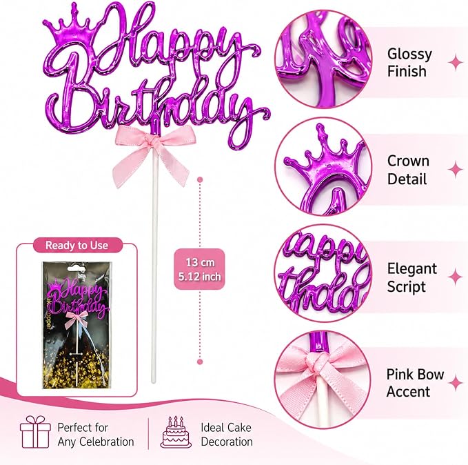 Purple Acrylic Happy Birthday Cake Topper with Crown and Bow | Glossy purple acrylic script with crown and bow adds an elegant finishing touch to birthday cakes and celebration desserts.