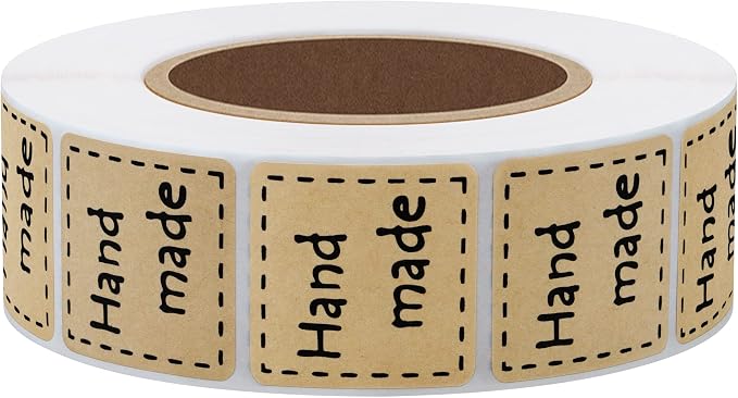 Hybsk Kraft Handmade Stickers with Black Font 1 Inch Square Total 1,000 Adhesive Labels Per Roll