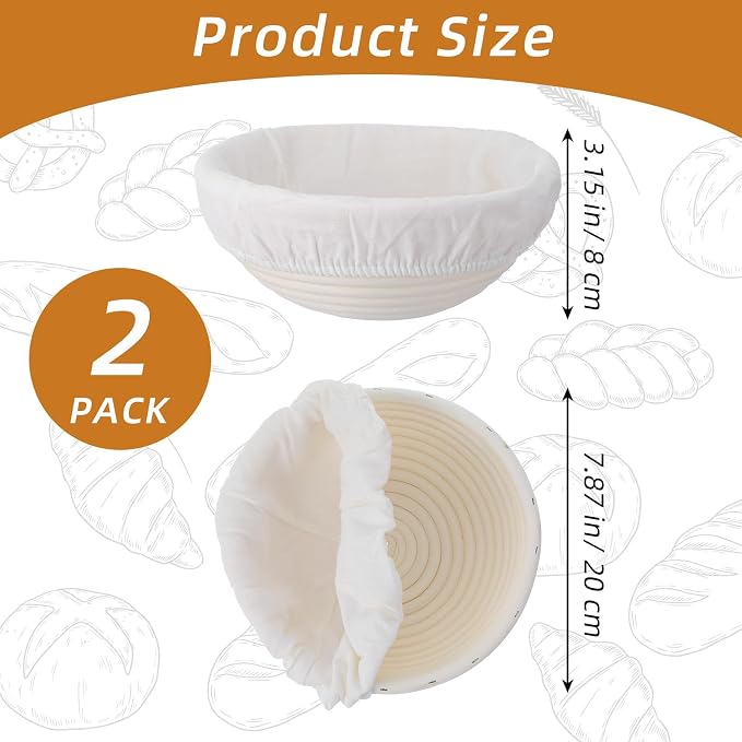 2-Pack Sourdough Bread Proofing Basket & Banneton Bread Proofing Basket Set with Liners, 8" Round Rattan Dough Bowls (7.87"x3.15") for Artisan Baking
